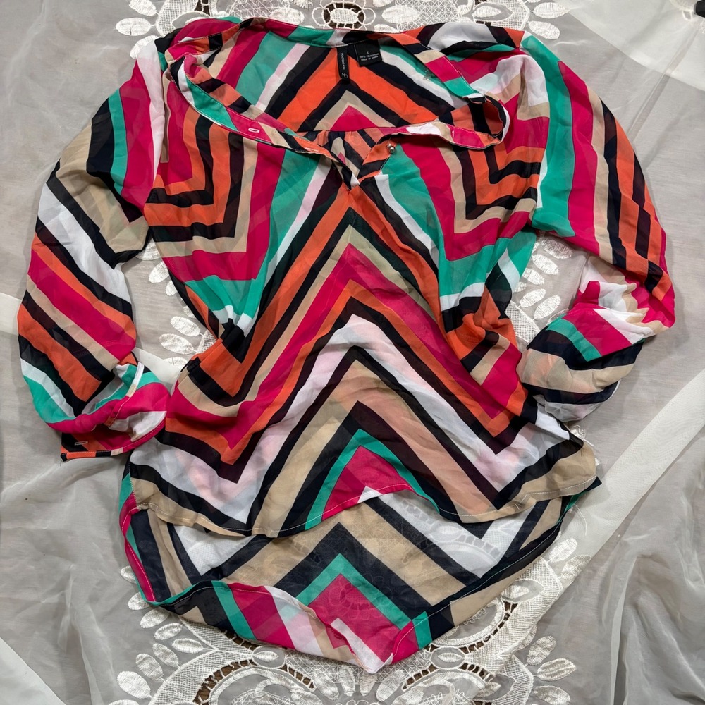 Indie Sleaze 2014 Chevron Stripe Sheer Blouse Orange Pink Teal Size L